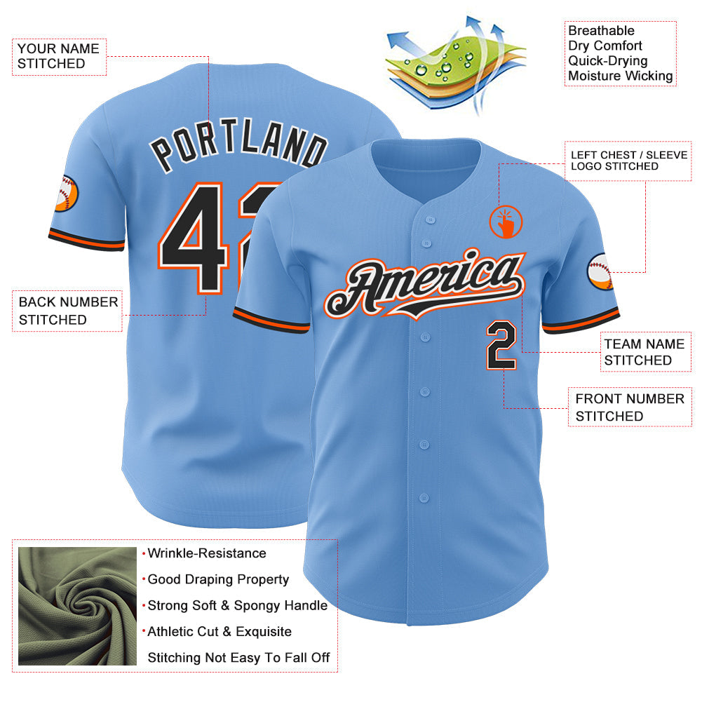 Custom Light Blue Black White-Orange Authentic Baseball Jersey view 3