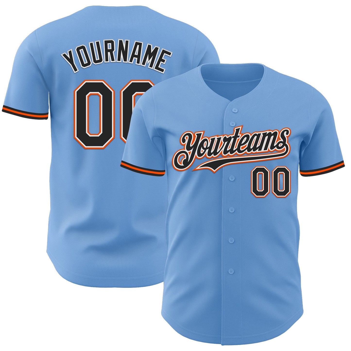 Custom Light Blue Black White-Orange Authentic Baseball Jersey - Main View
