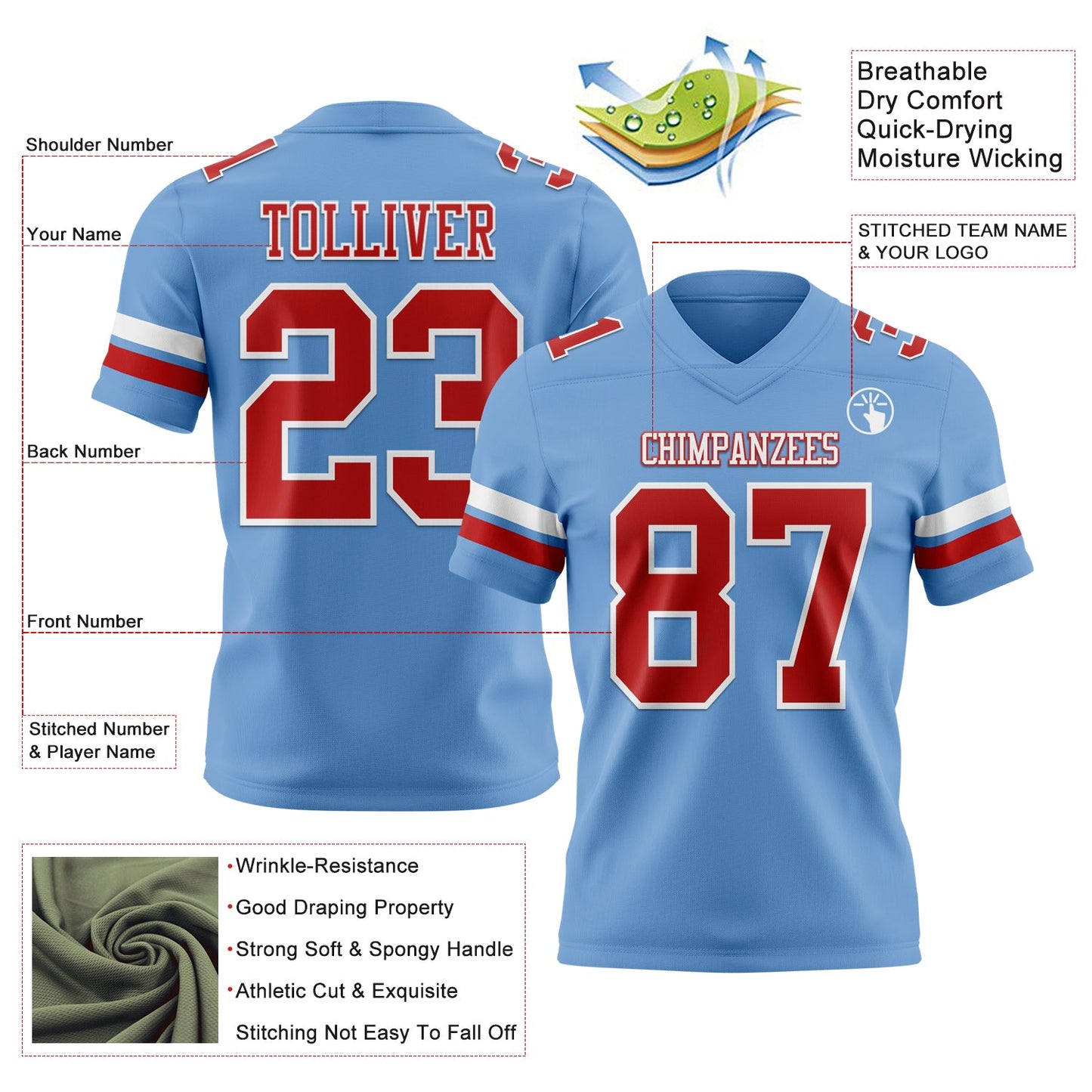 Custom Light Blue Red-White Authentic Football Jersey view 3