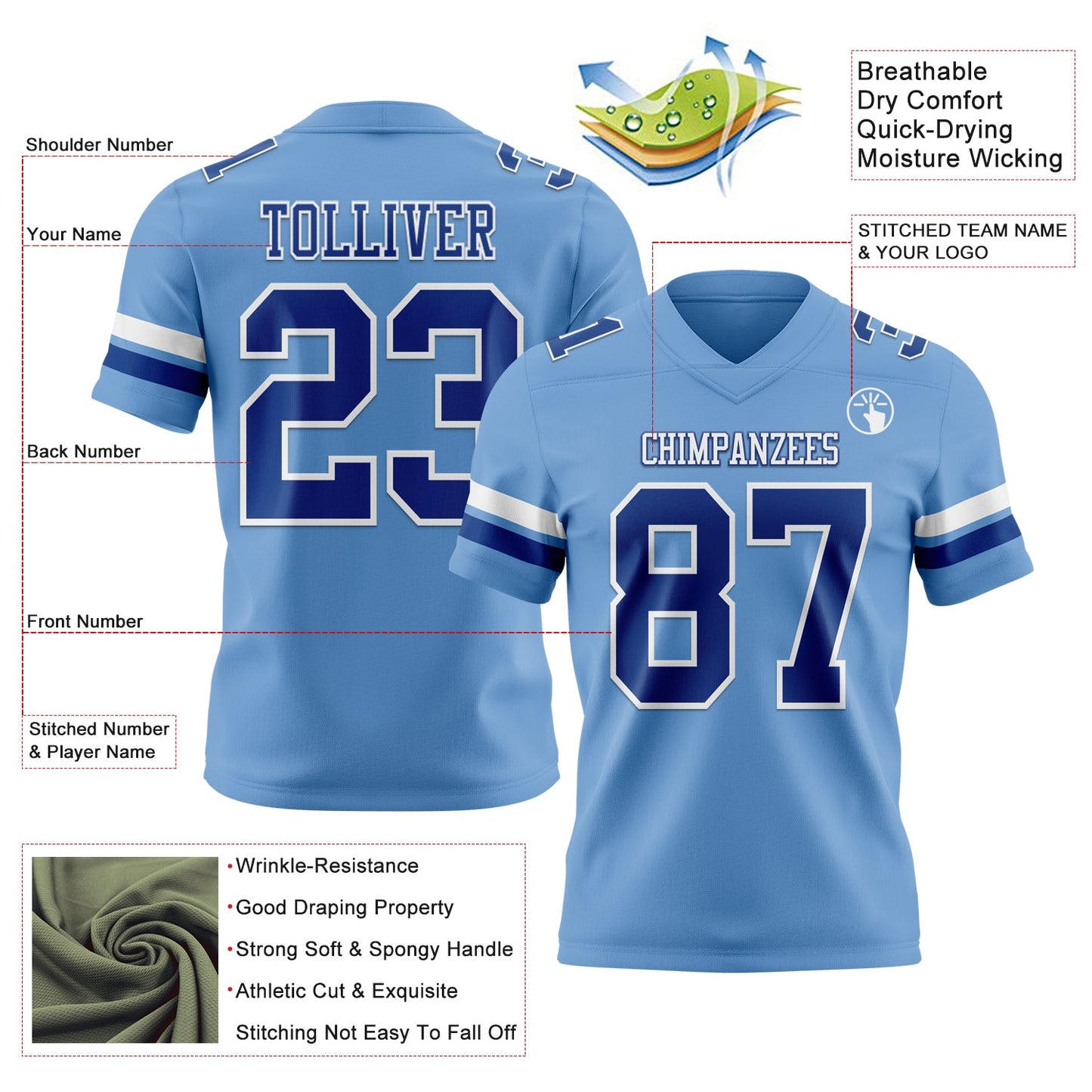 Custom Light Blue Royal-White Authentic Football Jersey view 3