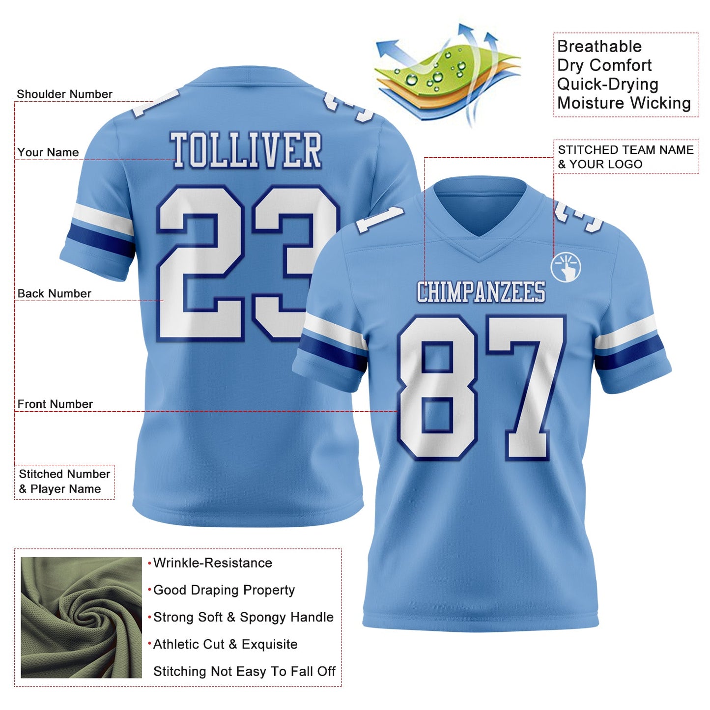 Custom Light Blue White-Royal Authentic Football Jersey view 3