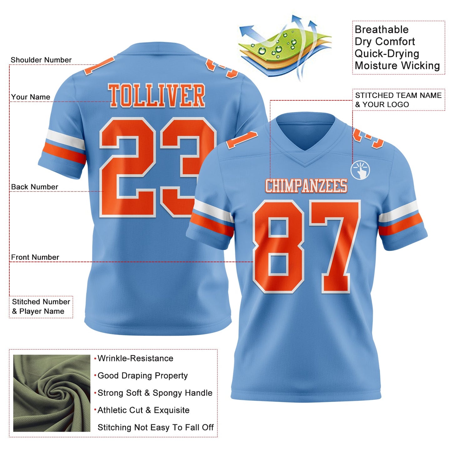 Custom Light Blue Orange-White Authentic Football Jersey view 3