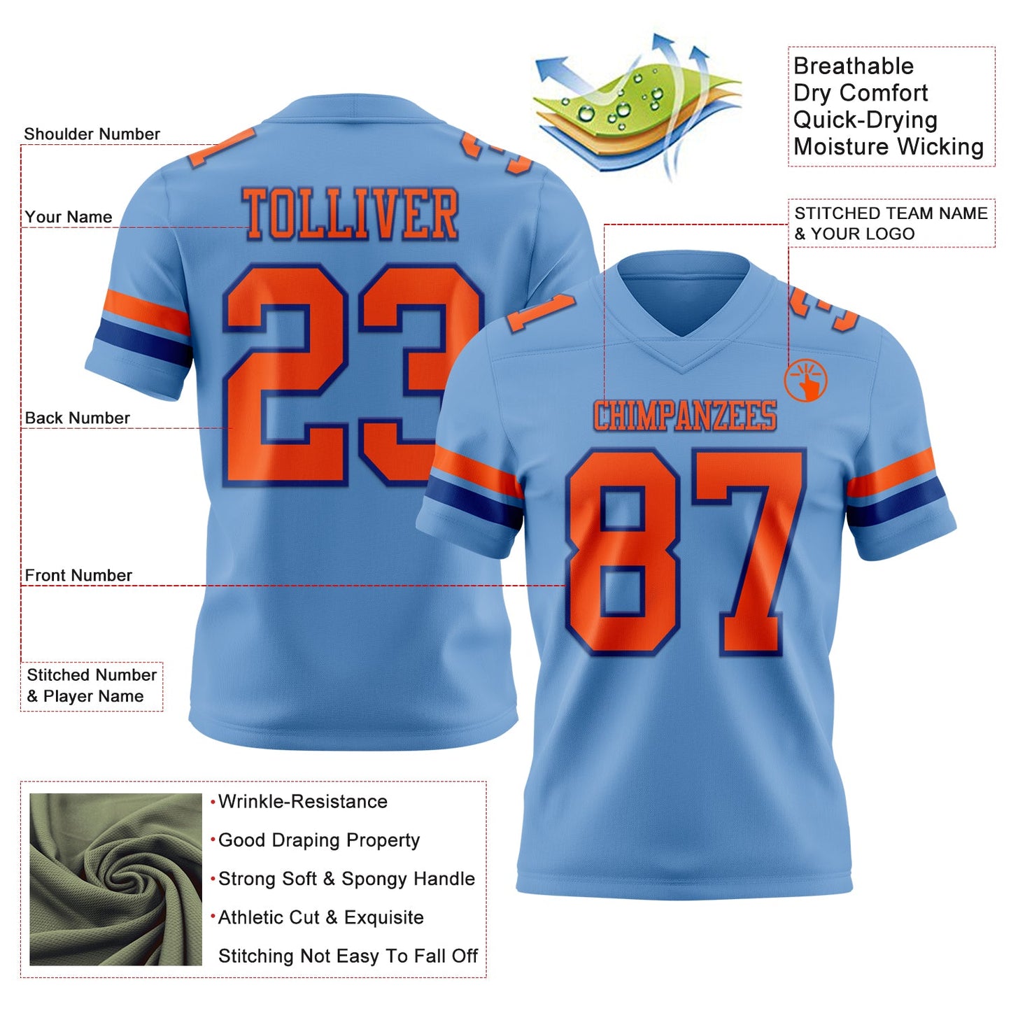 Custom Light Blue Orange-Royal Authentic Football Jersey view 3