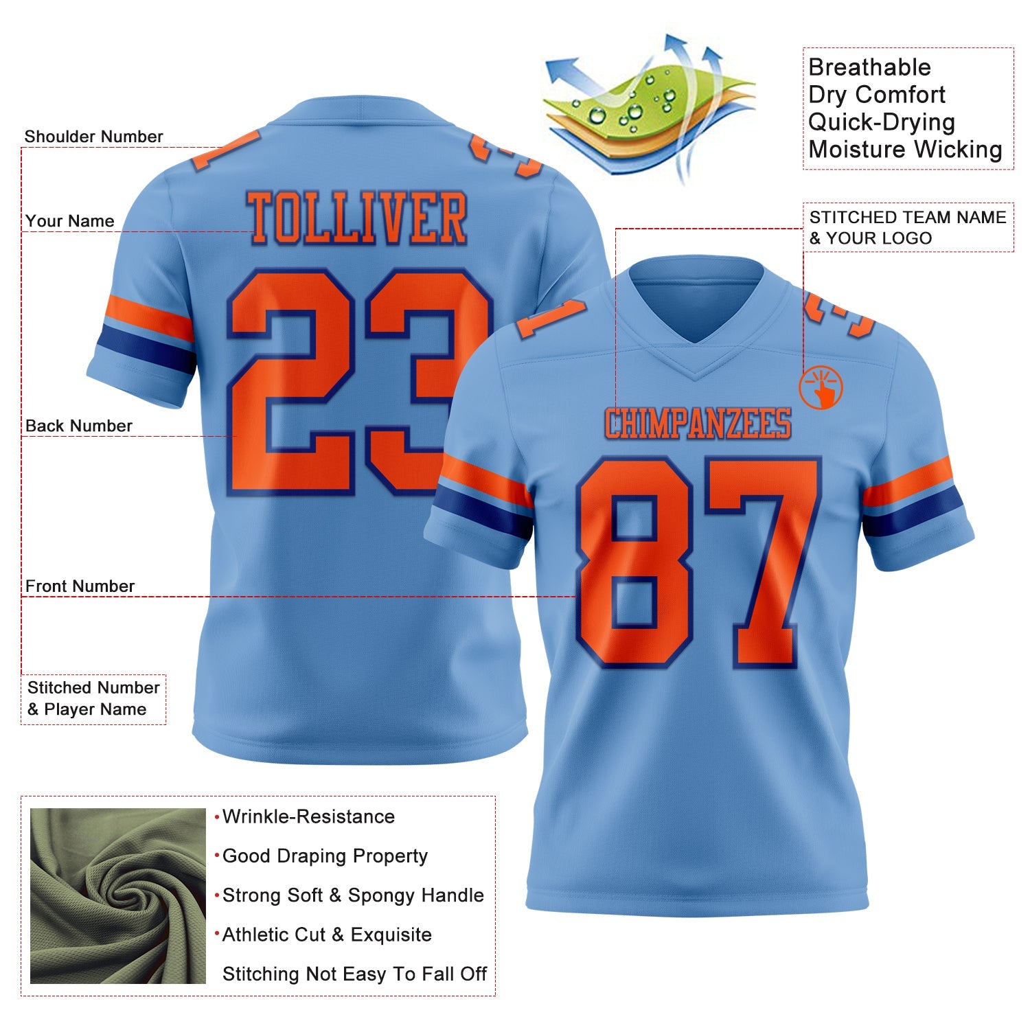 Custom Light Blue Orange-Royal Authentic Football Jersey view 3