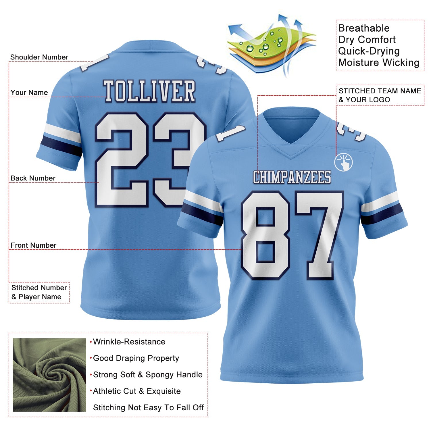 Custom Light Blue White-Navy Authentic Football Jersey view 3