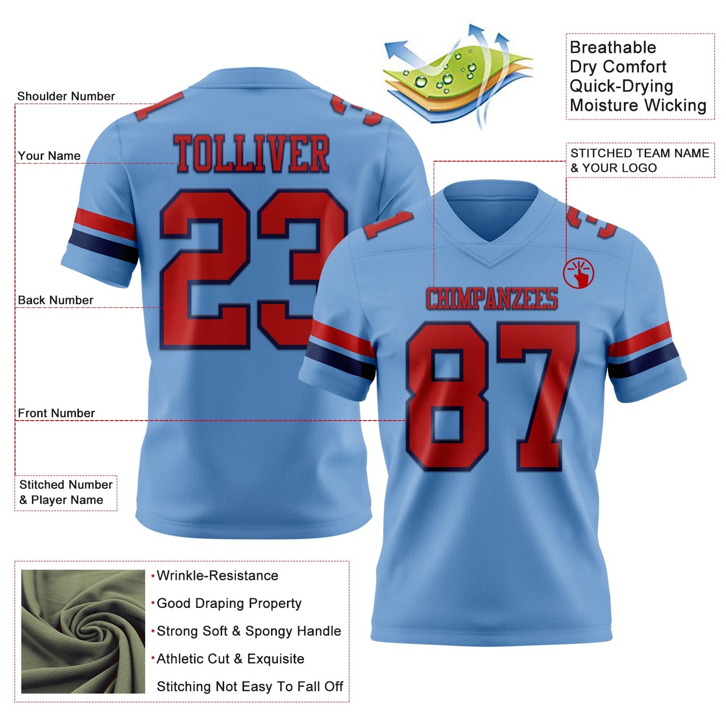 Custom Light Blue Red-Navy Authentic Football Jersey view 3