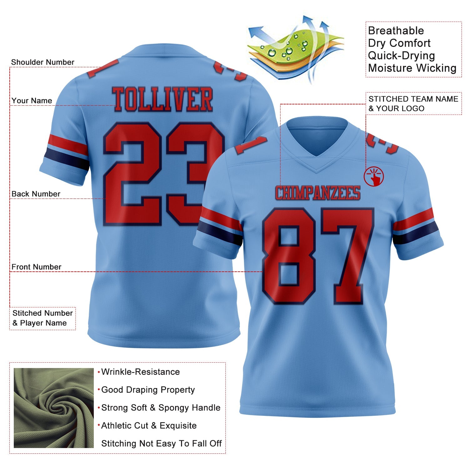 Custom Light Blue Red-Navy Authentic Football Jersey view 3
