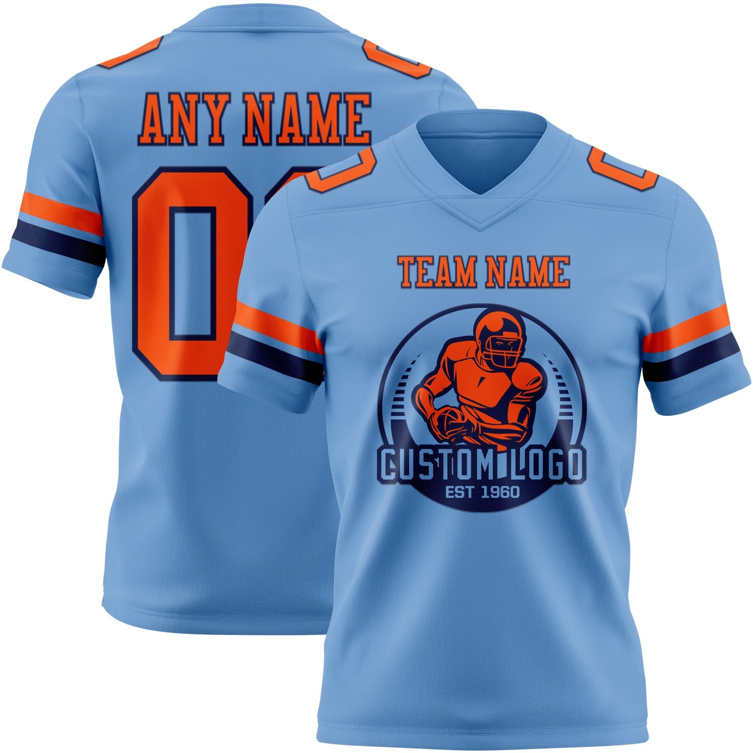 Custom Light Blue Orange-Navy Authentic Football Jersey view 2