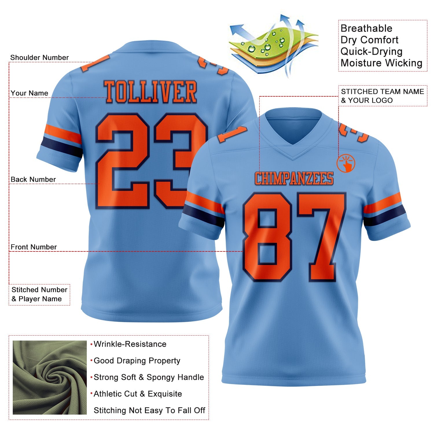 Custom Light Blue Orange-Navy Authentic Football Jersey view 3
