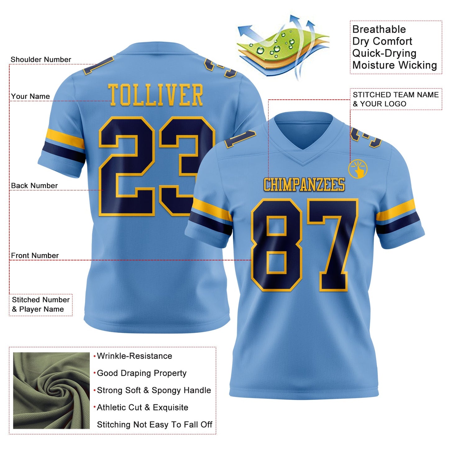 Custom Light Blue Navy-Gold Authentic Football Jersey view 3