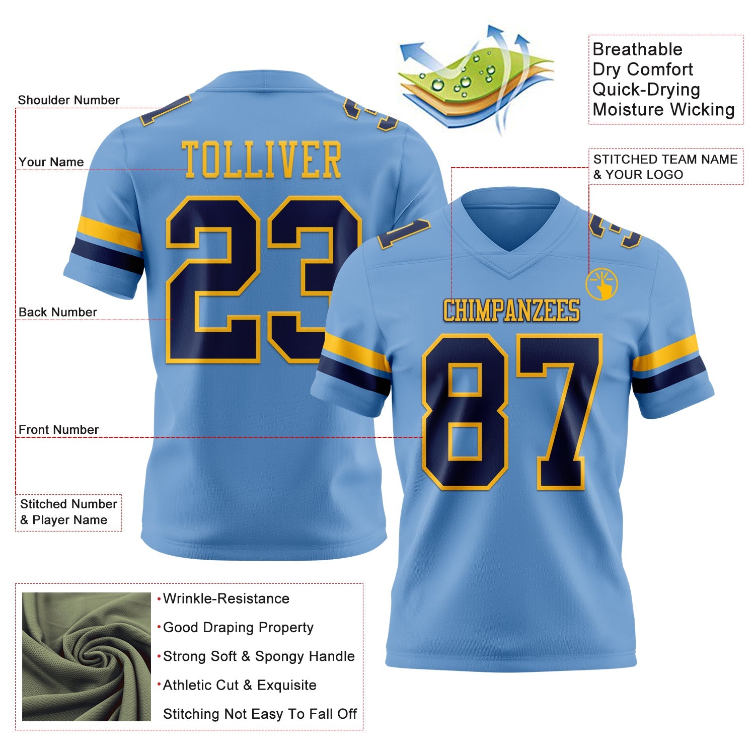 Custom Light Blue Navy-Gold Authentic Football Jersey view 3