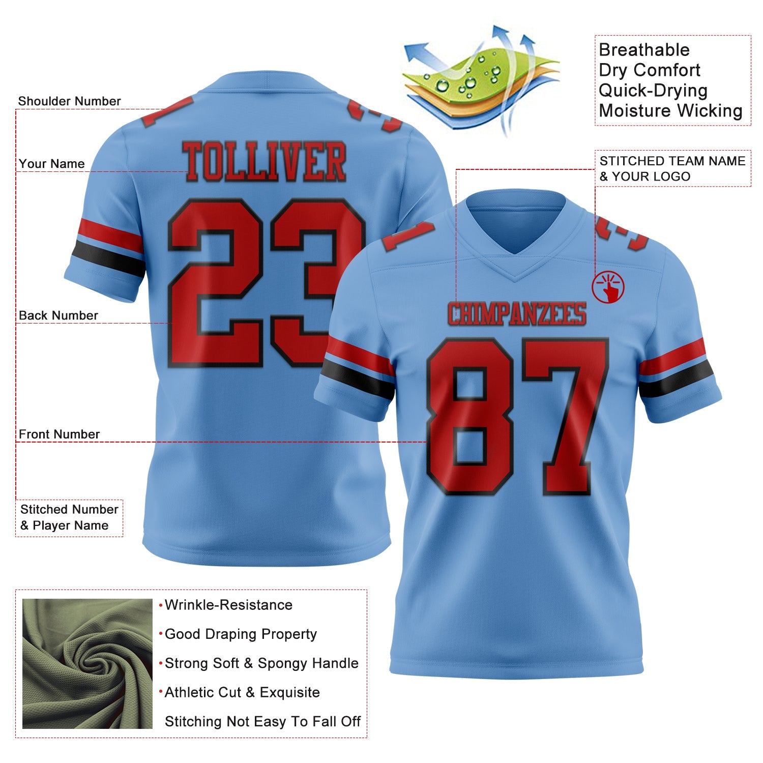 Custom Light Blue Red-Black Authentic Football Jersey view 3