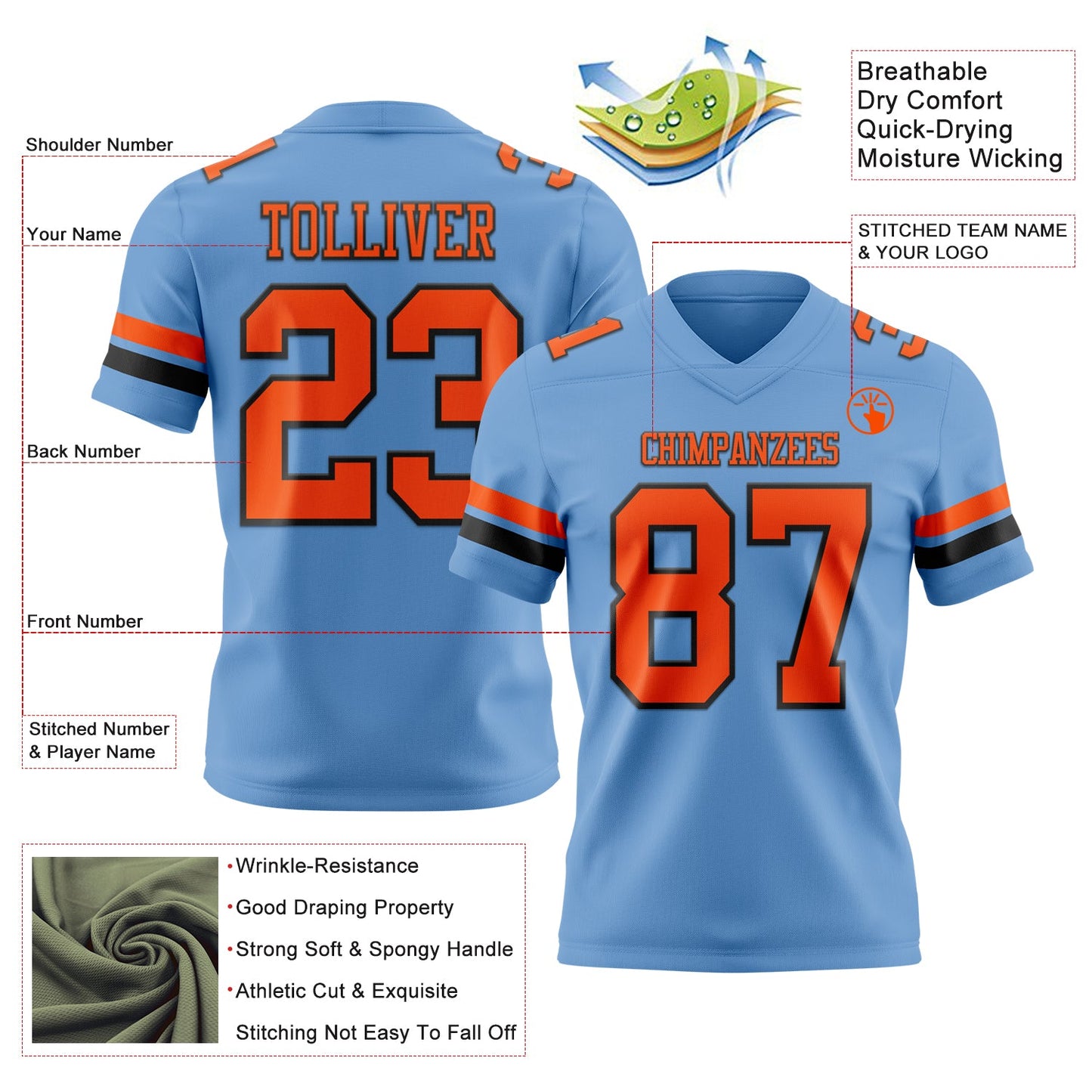 Custom Light Blue Orange-Black Authentic Football Jersey view 3