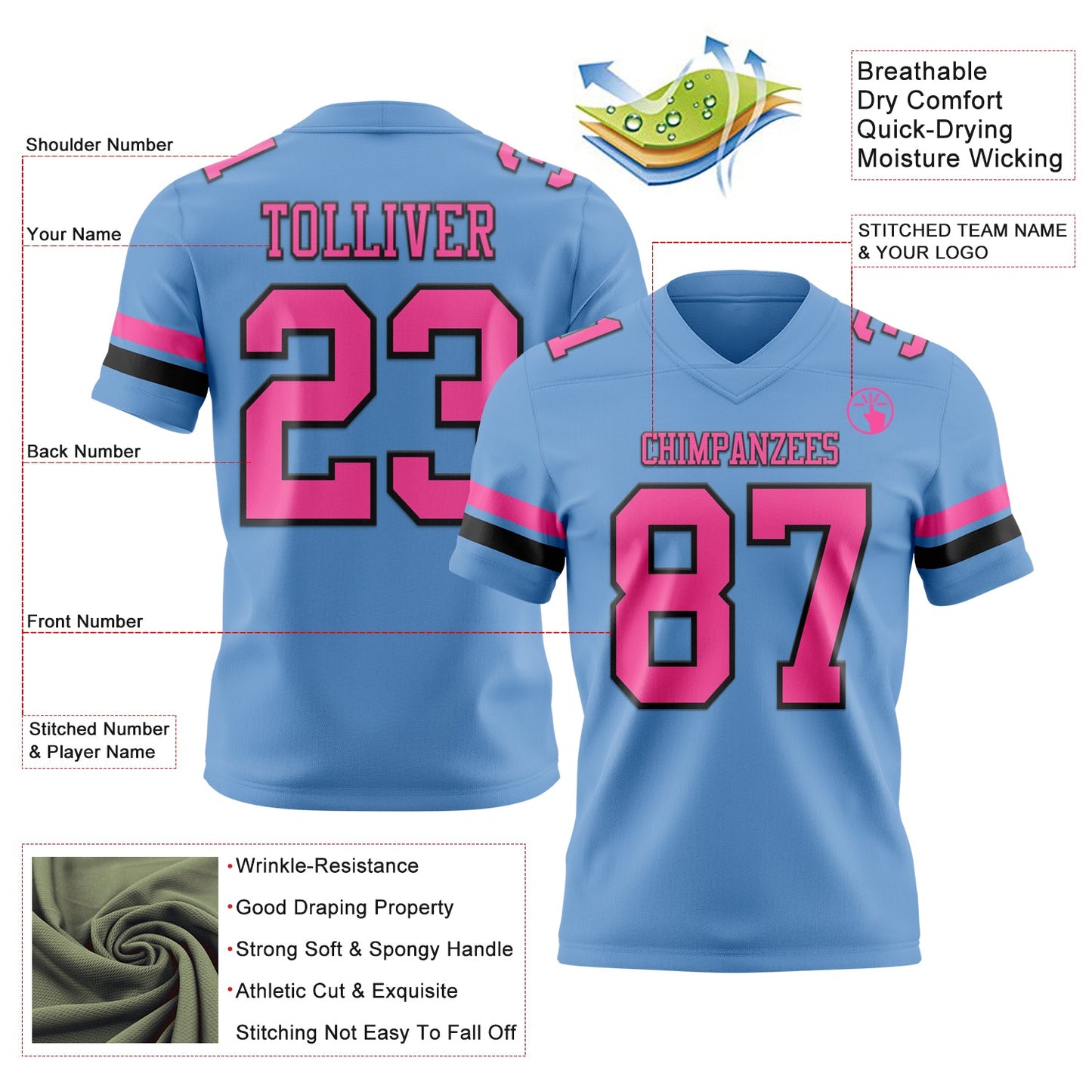 Custom Light Blue Pink-Black Authentic Football Jersey view 3