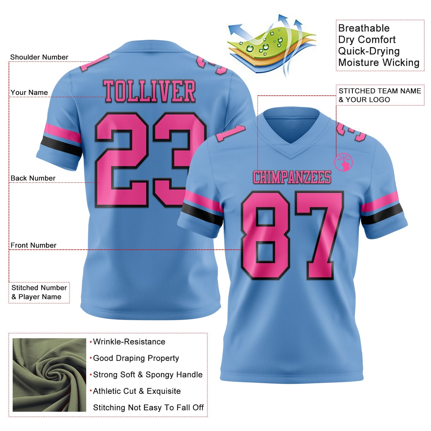 Custom Light Blue Pink-Black Authentic Football Jersey view 3