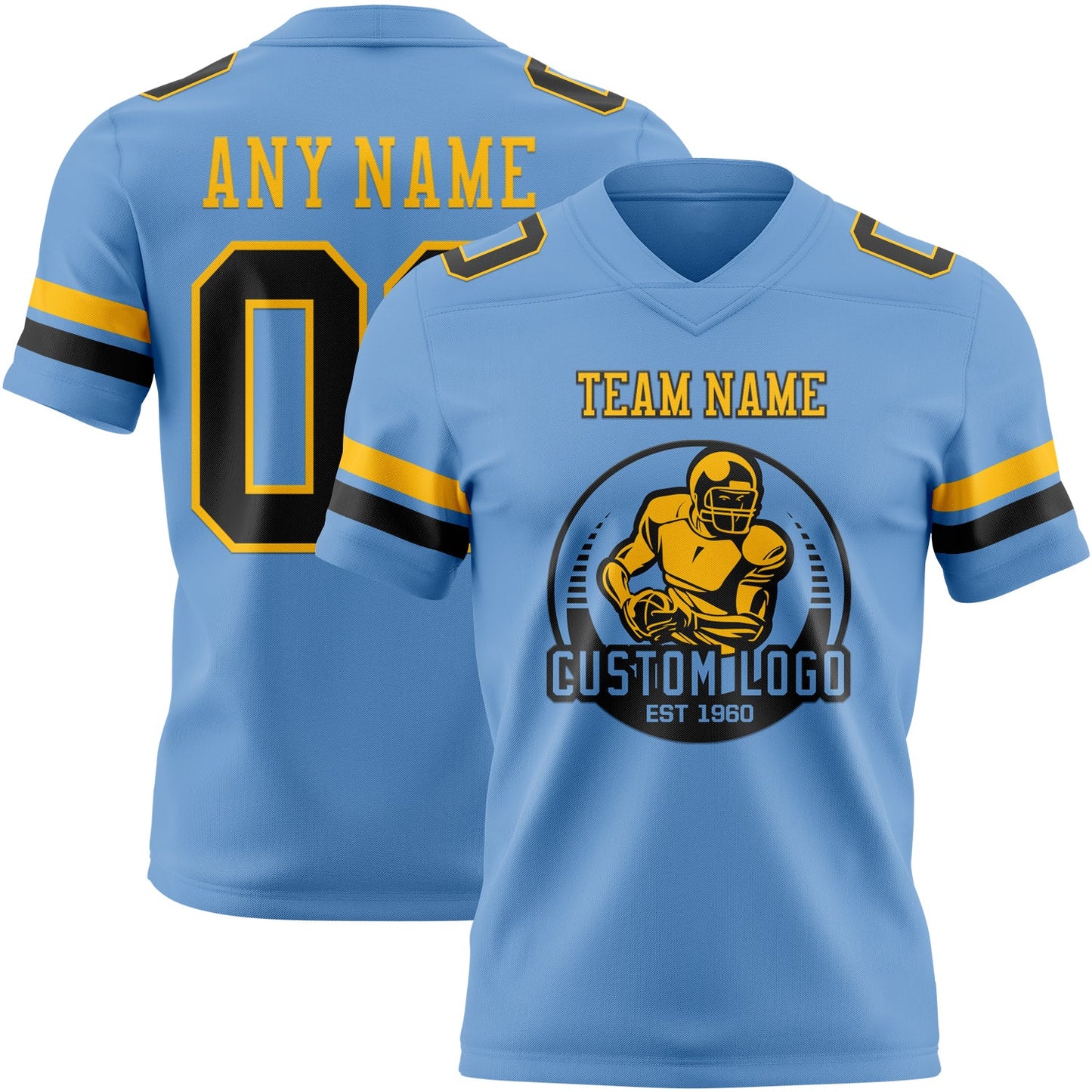 Custom Light Blue Black-Gold Authentic Football Jersey view 2