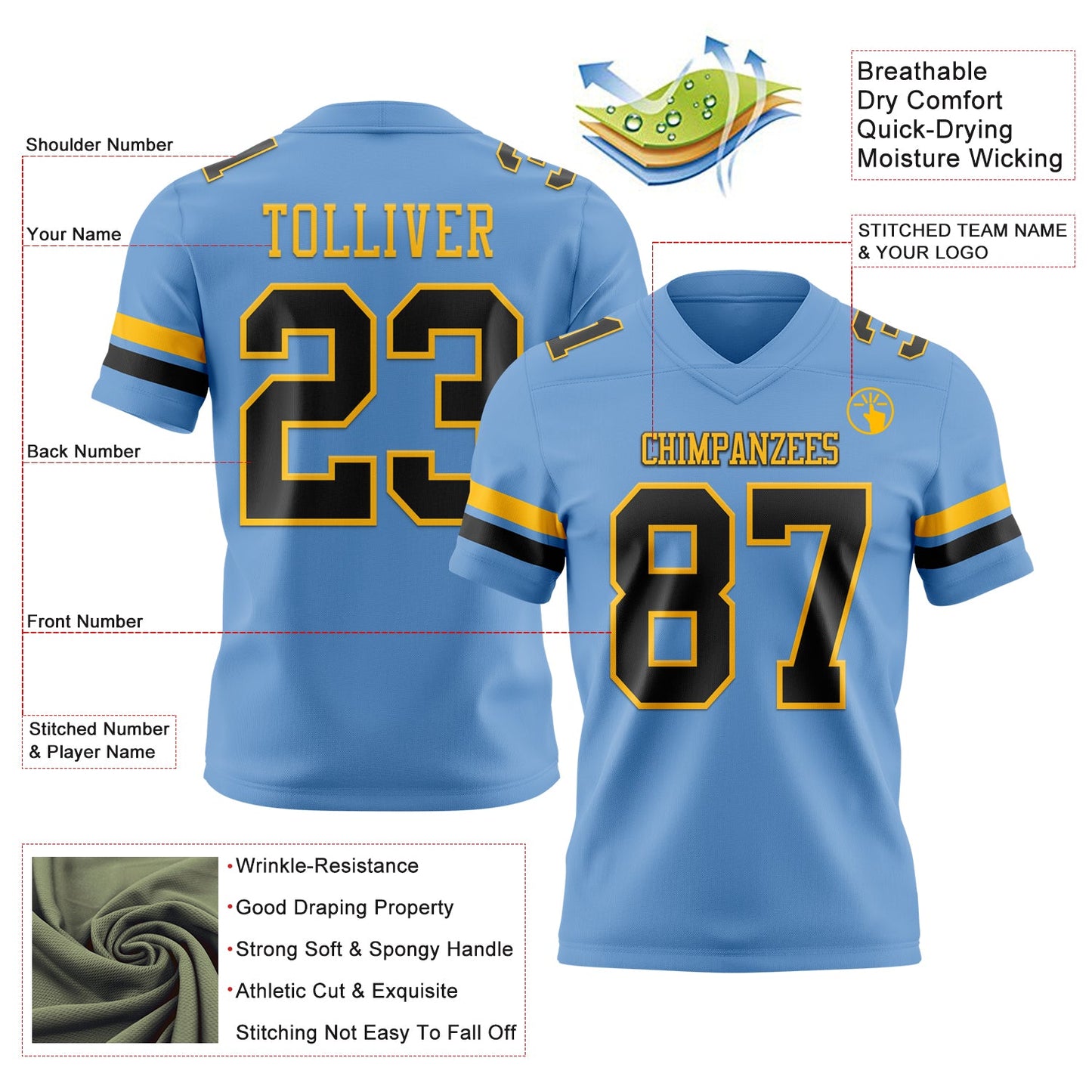 Custom Light Blue Black-Gold Authentic Football Jersey view 3