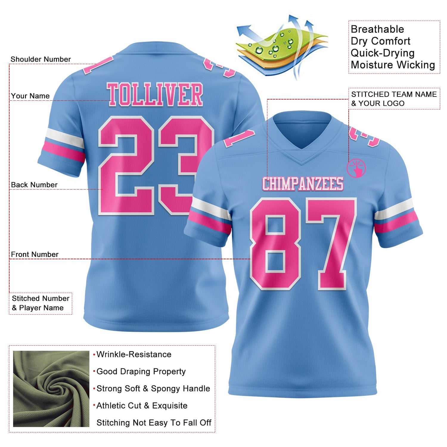 Custom Light Blue Pink-White Authentic Football Jersey view 3