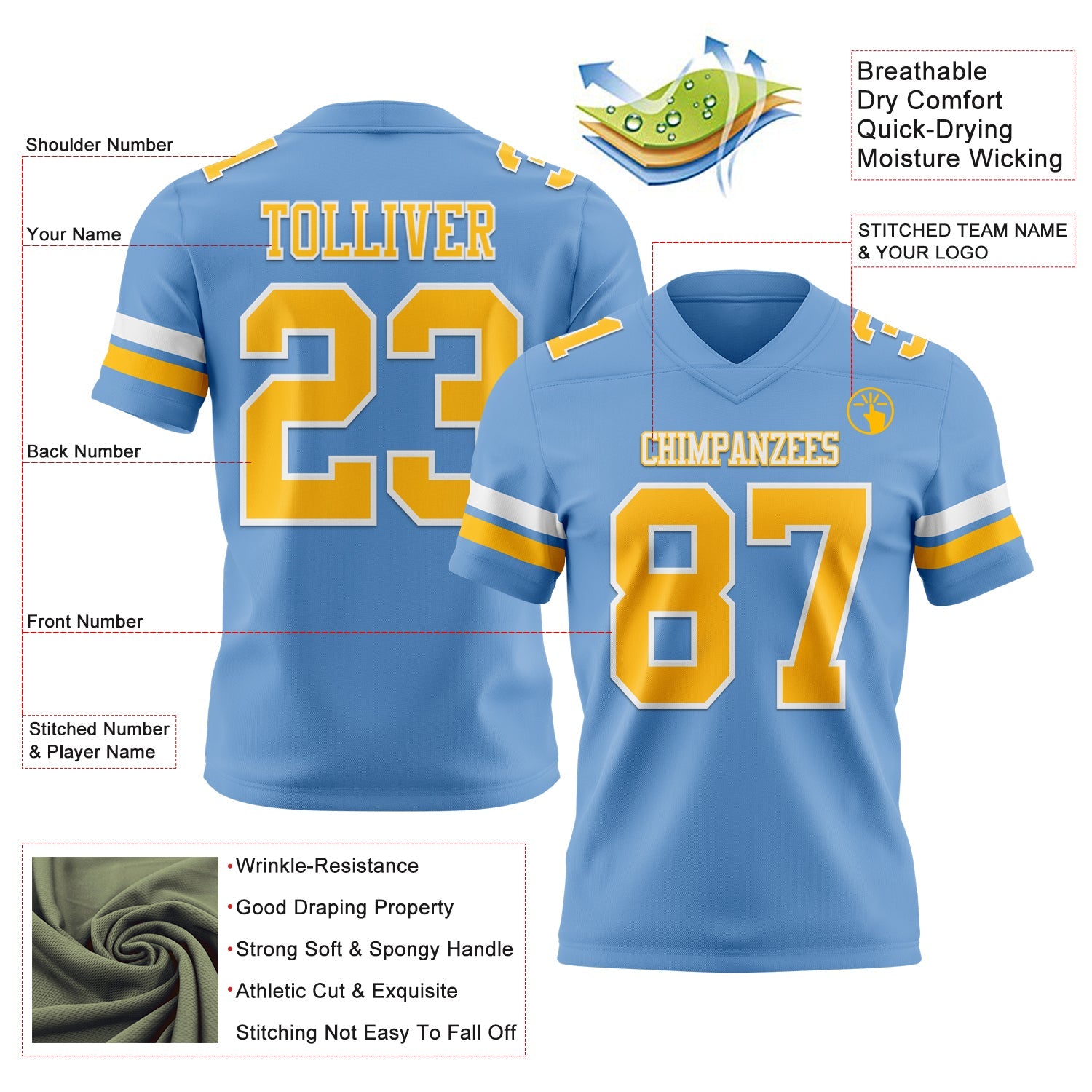 Custom Light Blue Gold-White Authentic Football Jersey view 3