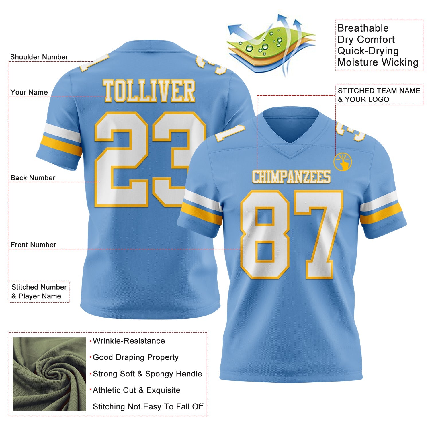 Custom Light Blue White-Gold Authentic Football Jersey view 3