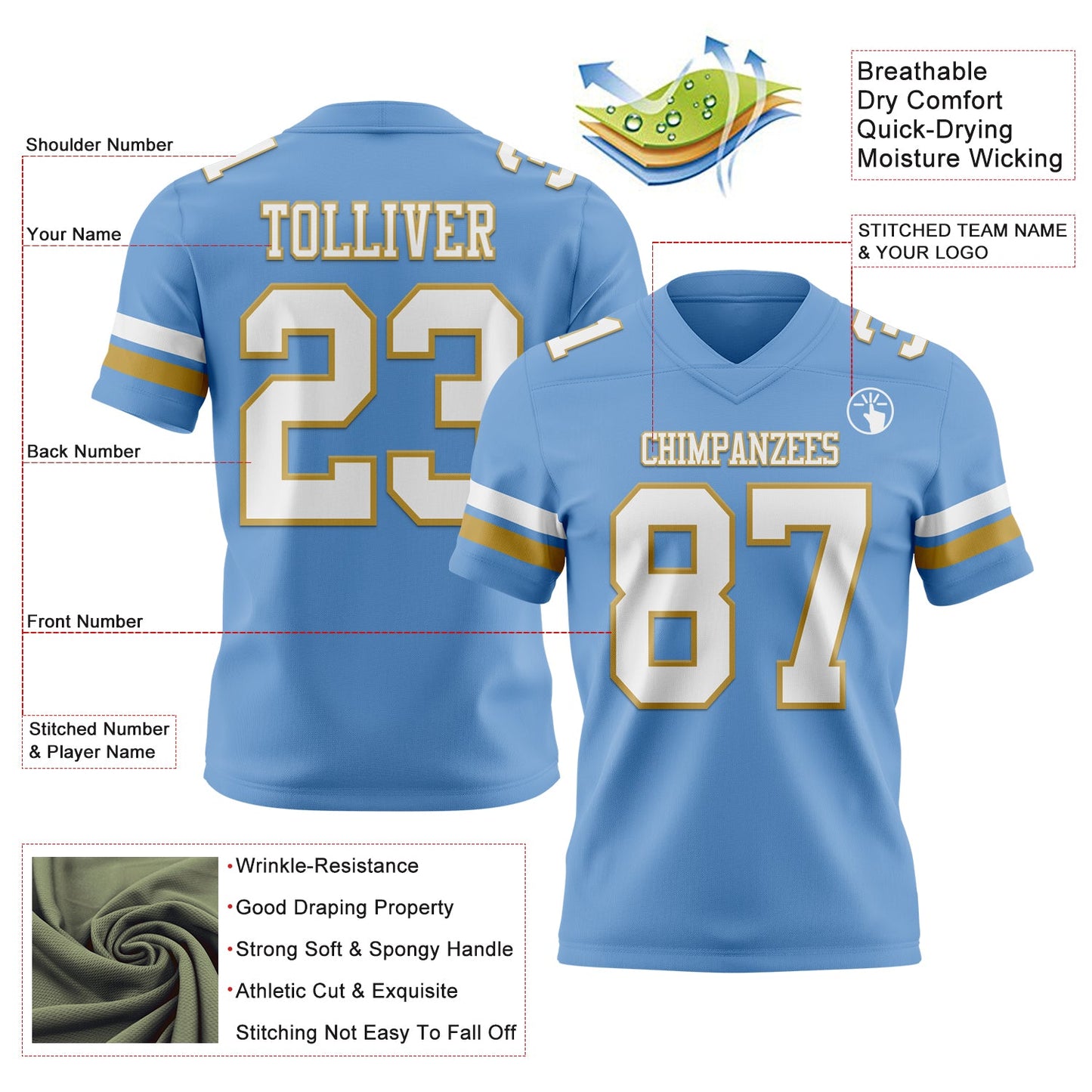 Custom Light Blue White-Old Gold Authentic Football Jersey view 3