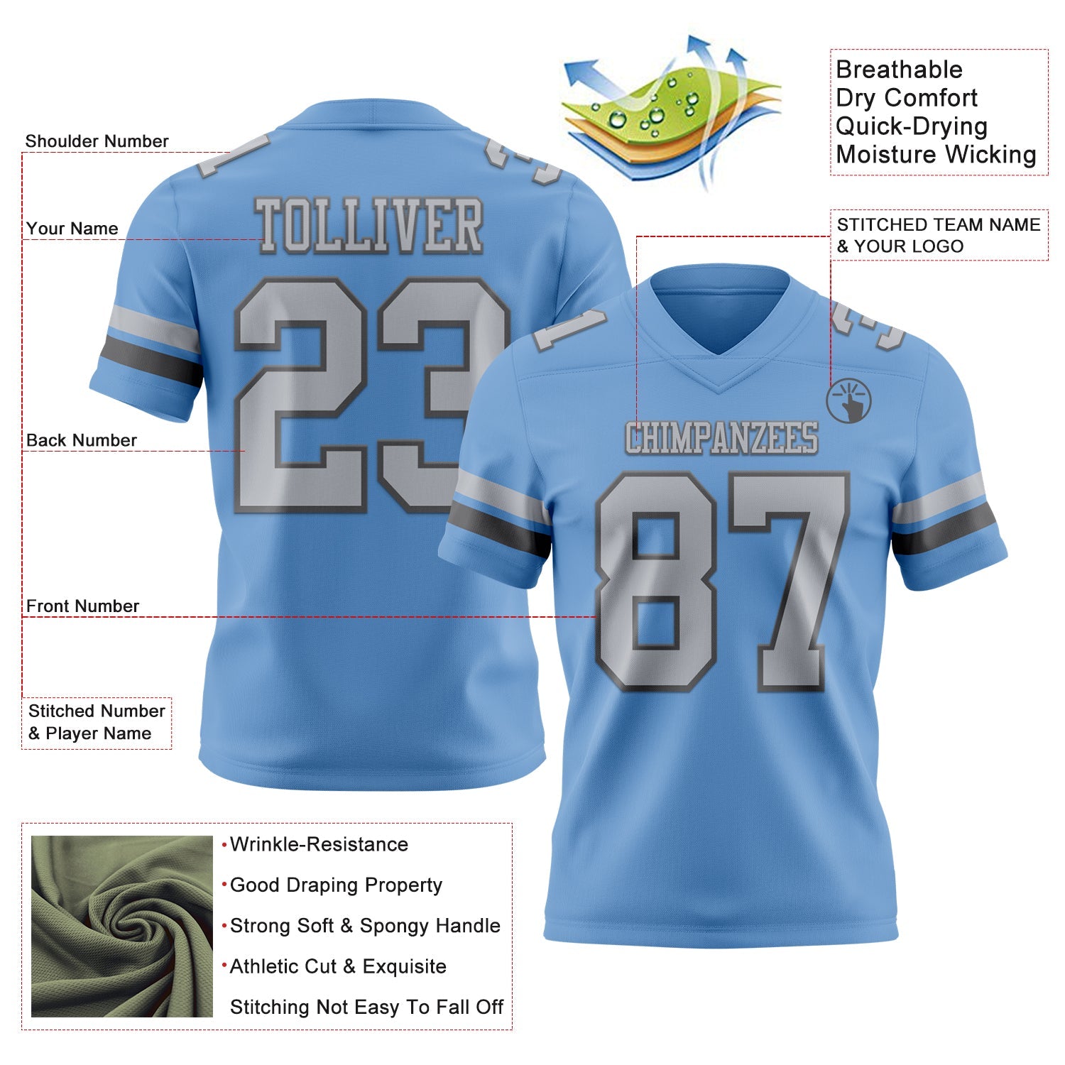 Custom Light Blue Gray-Steel Gray Authentic Football Jersey view 3