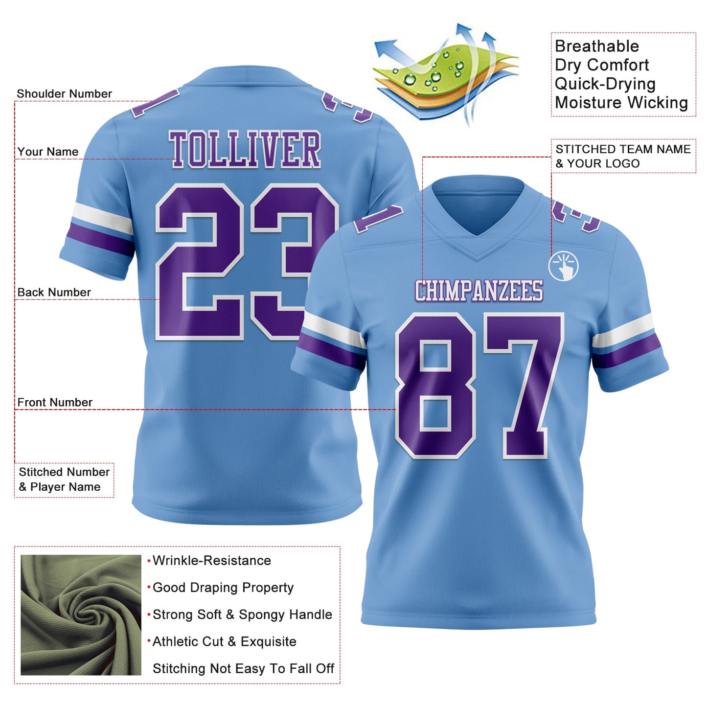 Custom Light Blue Purple-White Authentic Football Jersey view 3