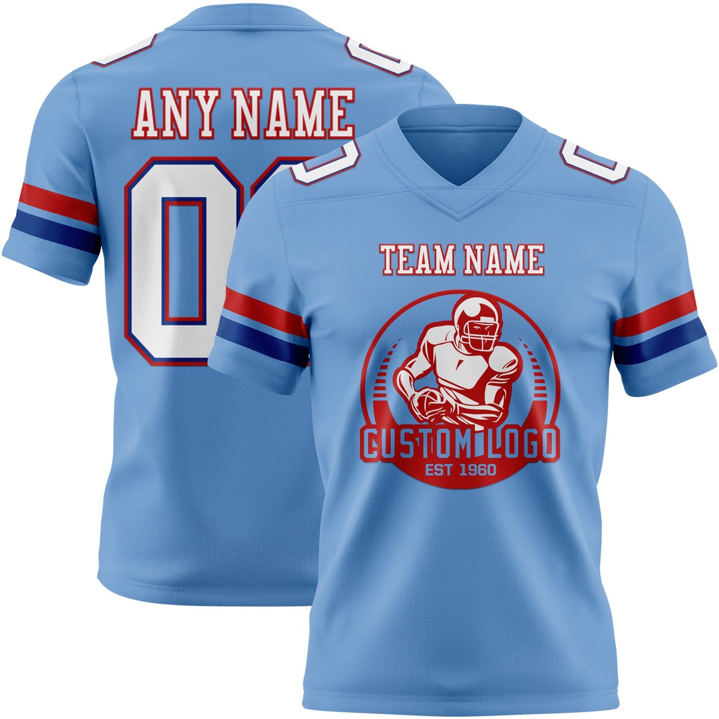 Custom Light Blue White Royal-Red Authentic Football Jersey view 2