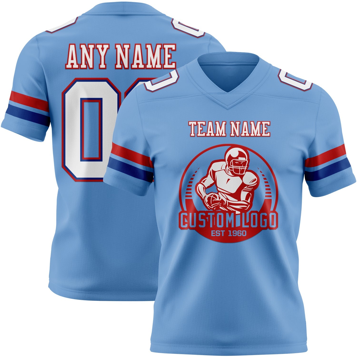 Custom Light Blue White Royal-Red Authentic Football Jersey view 2