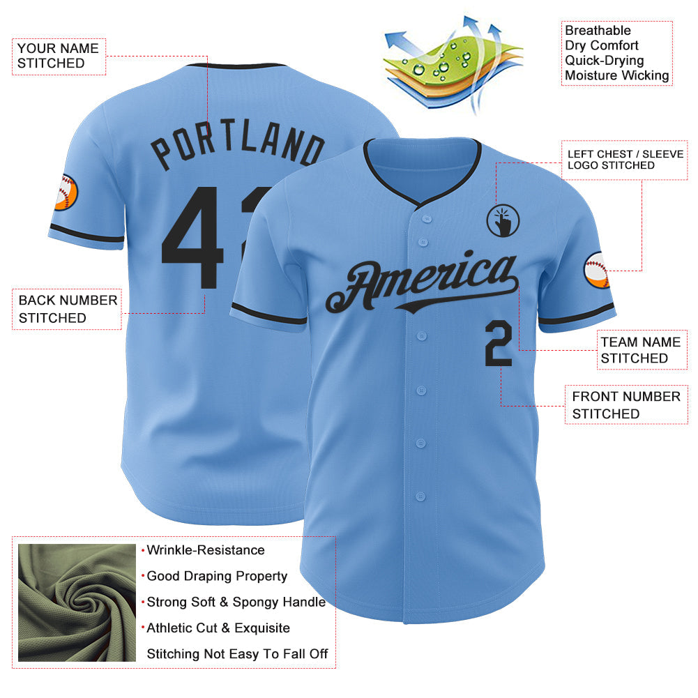 Custom Light Blue Black Authentic Baseball Jersey view 3