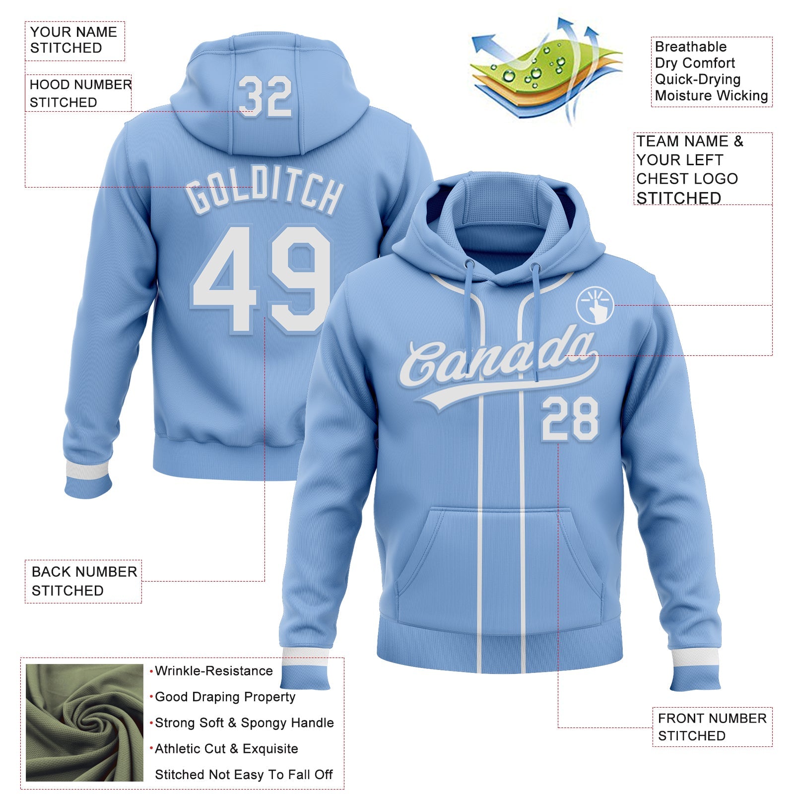 Custom Stitched Light Blue White Baseball Pullover Sweatshirt Hoodie view 2