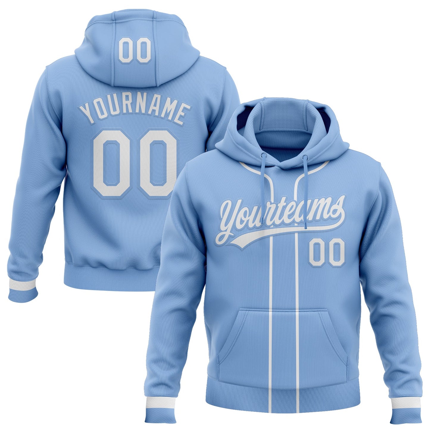 Custom Stitched Light Blue White Baseball Pullover Sweatshirt Hoodie - Main View