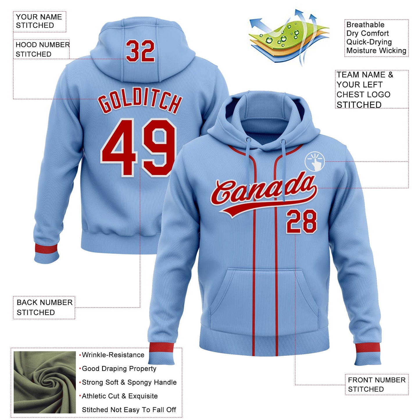 Custom Stitched Light Blue Red-White Baseball Pullover Sweatshirt Hoodie view 2