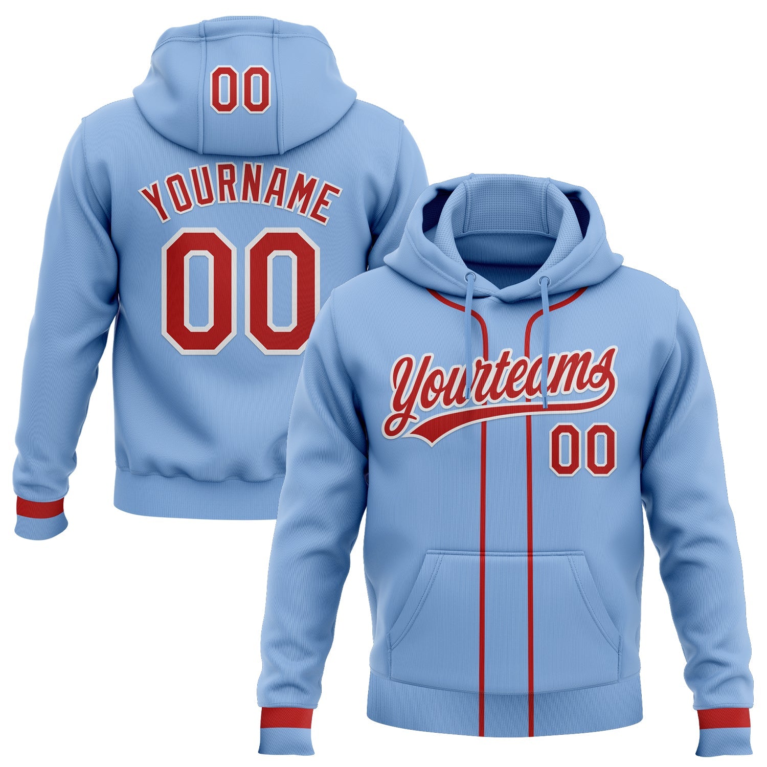 Custom Stitched Light Blue Red-White Baseball Pullover Sweatshirt Hoodie - Main View