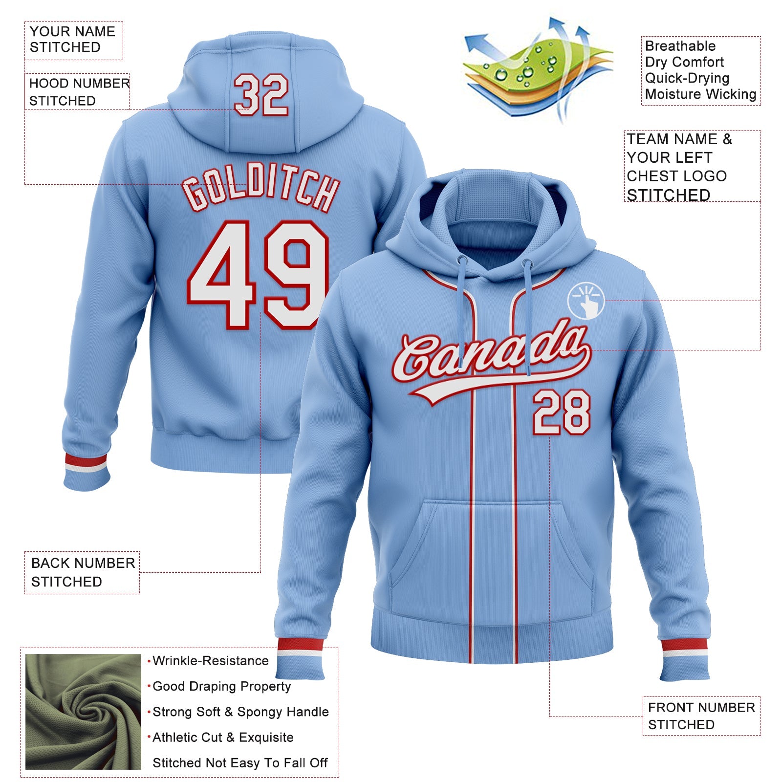 Custom Stitched Light Blue White-Red Baseball Pullover Sweatshirt Hoodie view 2