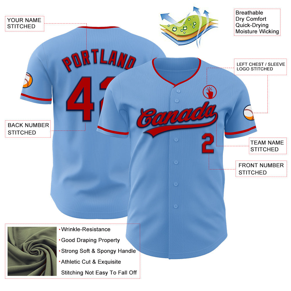 Custom Light Blue Red-Navy Authentic Baseball Jersey view 3