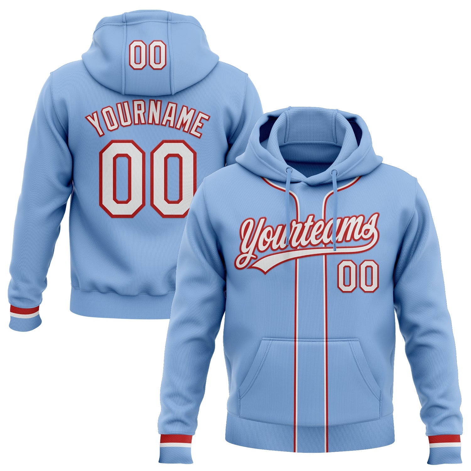 Custom Stitched Light Blue White-Red Baseball Pullover Sweatshirt Hoodie - Main View