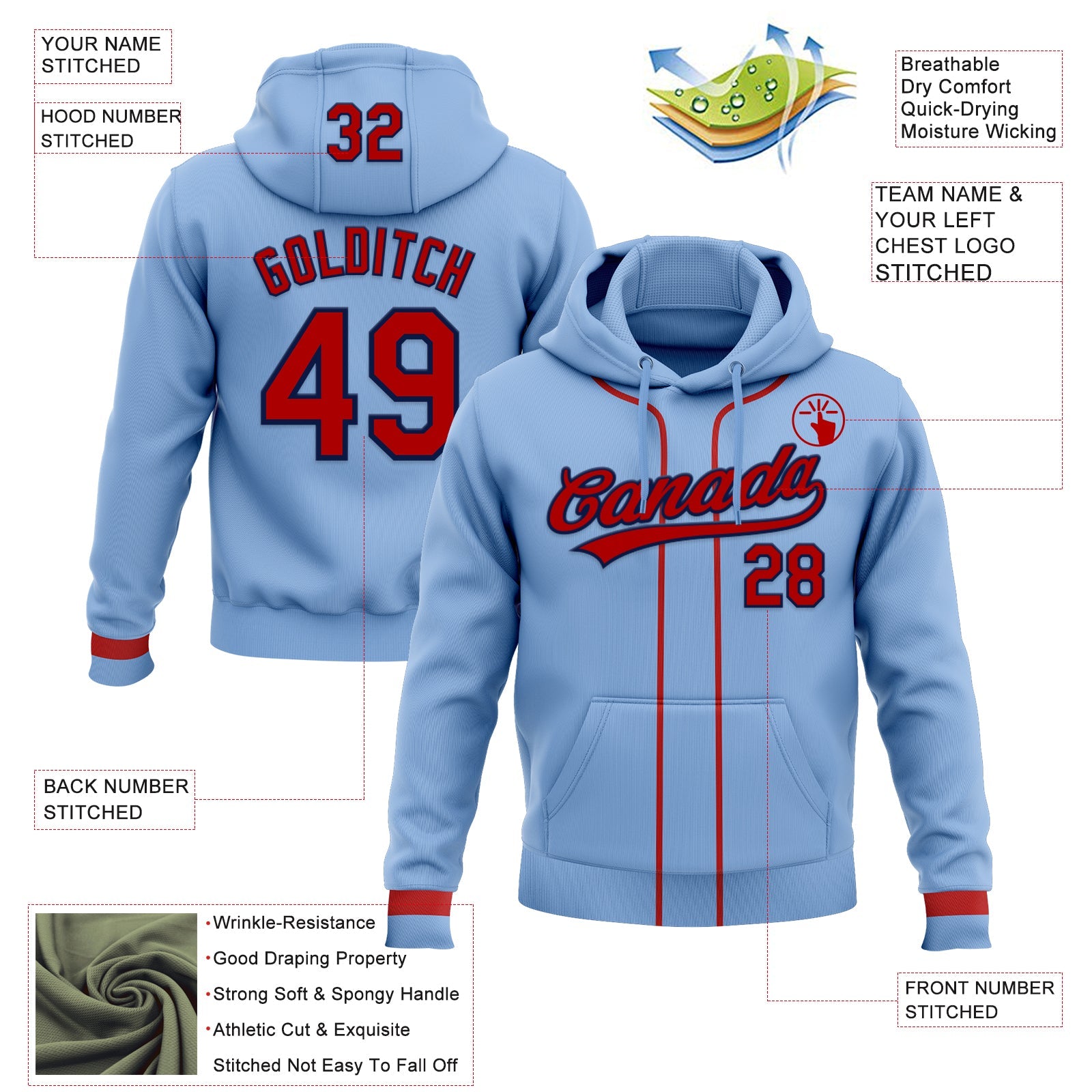 Custom Stitched Light Blue Red-Navy Baseball Pullover Sweatshirt Hoodie view 2
