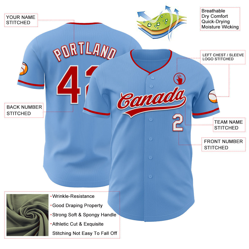 Custom Light Blue Red-White Authentic Baseball Jersey view 3