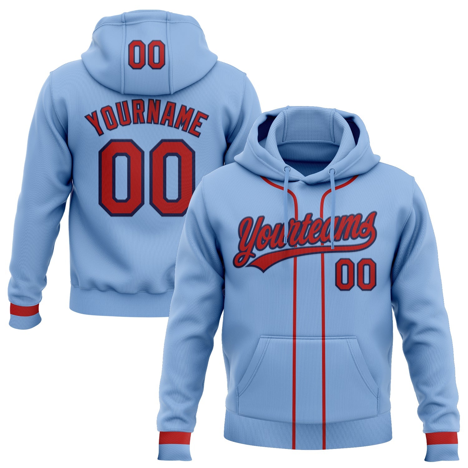 Custom Stitched Light Blue Red-Navy Baseball Pullover Sweatshirt Hoodie - Main View