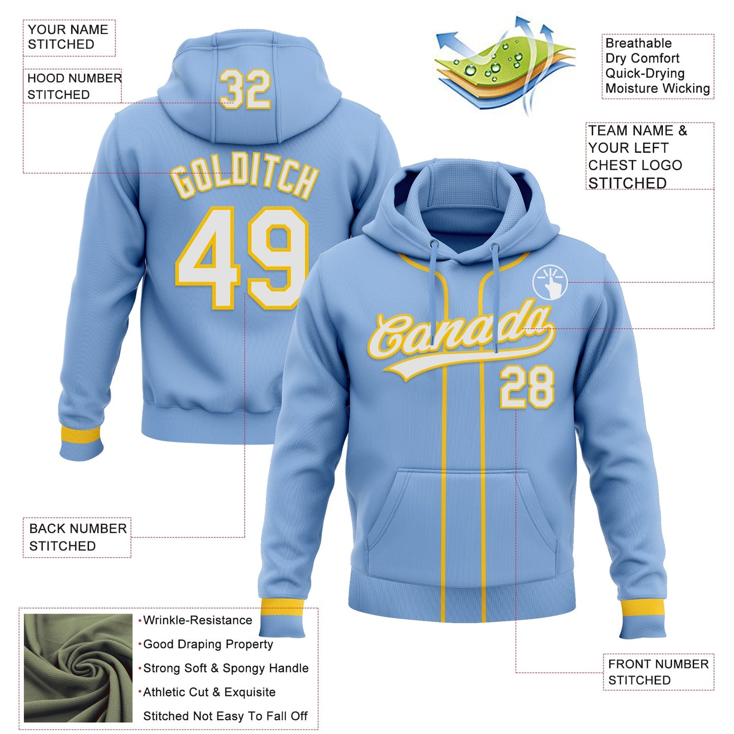 Custom Stitched Light Blue White-Yellow Baseball Pullover Sweatshirt Hoodie view 2