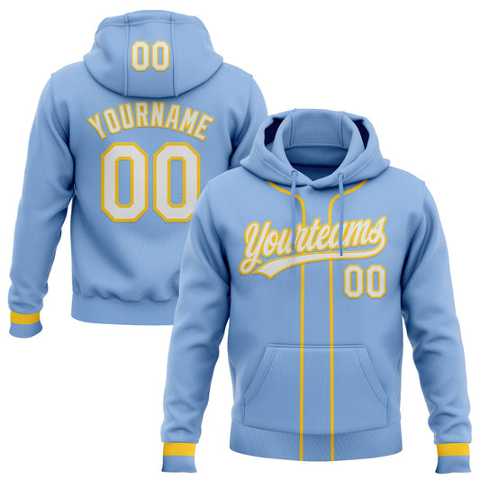 Custom Stitched Light Blue White-Yellow Baseball Pullover Sweatshirt Hoodie - Main View