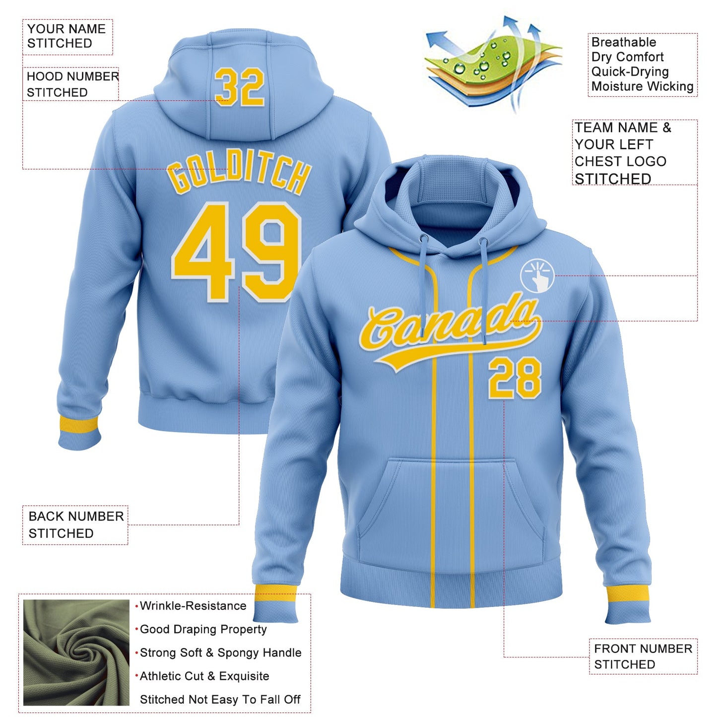 Custom Stitched Light Blue Yellow-White Baseball Pullover Sweatshirt Hoodie view 2