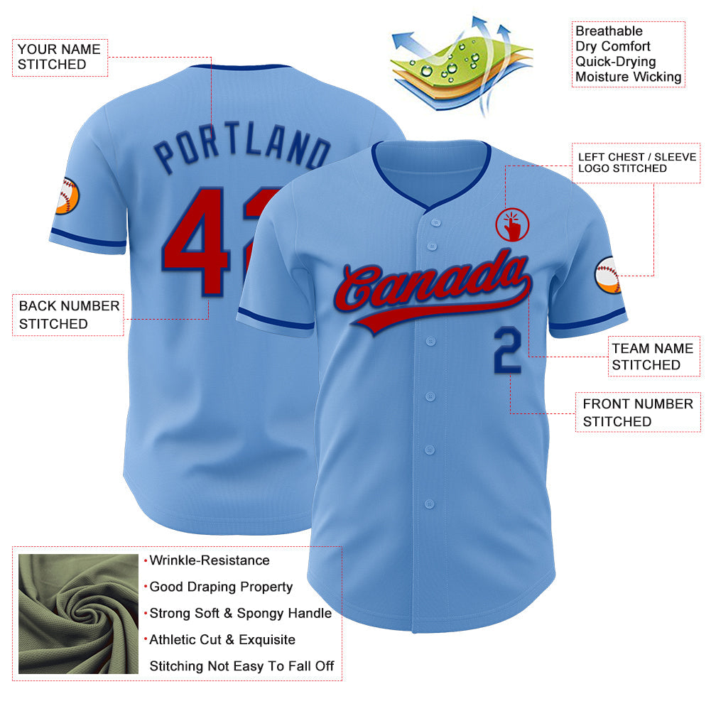 Custom Light Blue Red-Royal Authentic Baseball Jersey view 3