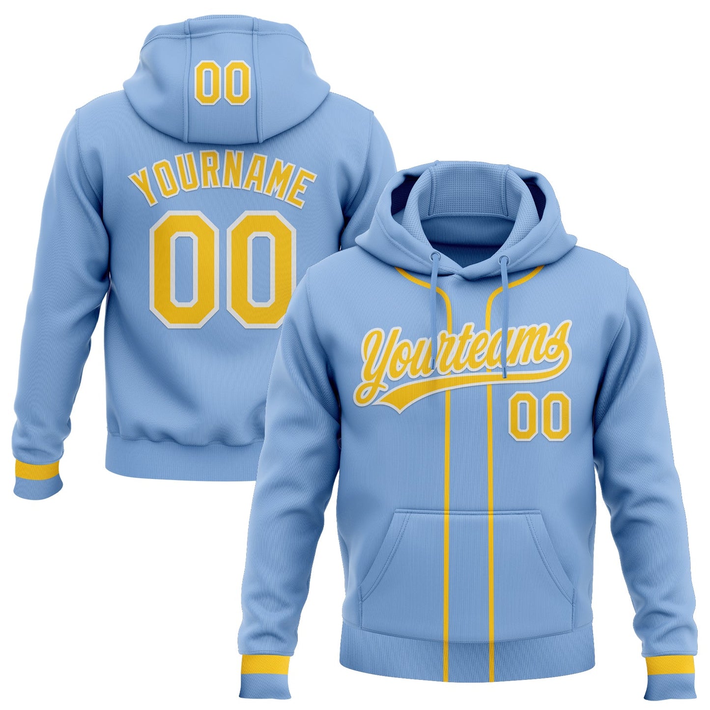 Custom Stitched Light Blue Yellow-White Baseball Pullover Sweatshirt Hoodie - Main View