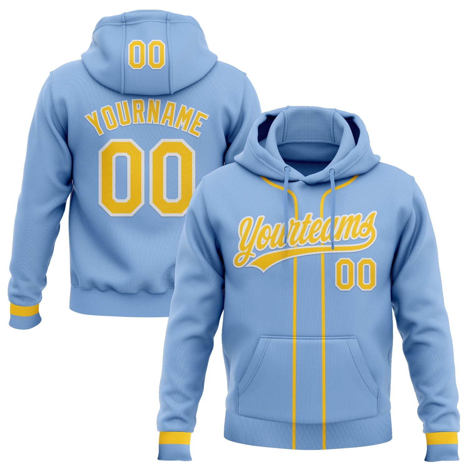 Custom Stitched Light Blue Yellow-White Baseball Pullover Sweatshirt Hoodie - Main View