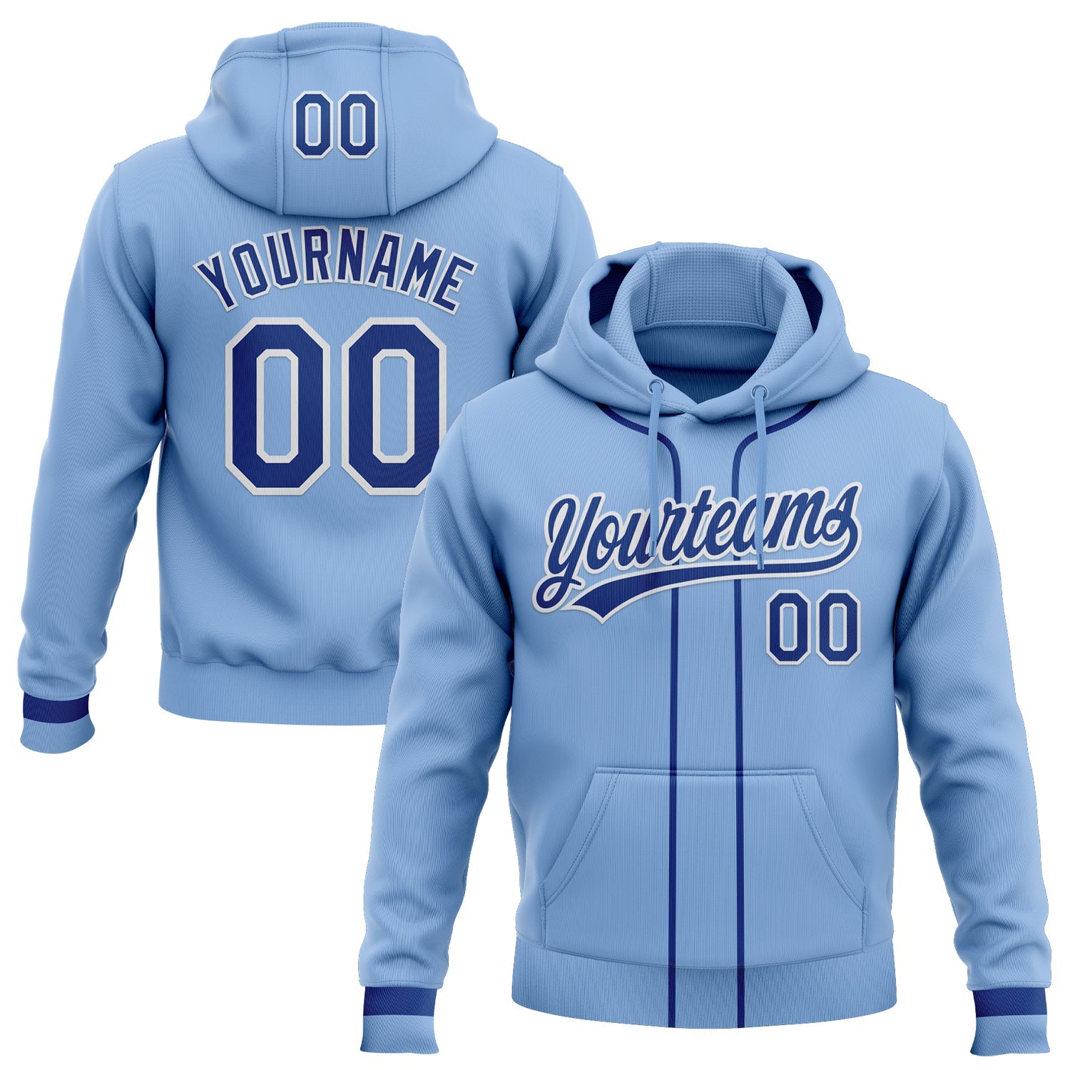 Custom Stitched Light Blue Royal-White Baseball Pullover Sweatshirt Hoodie - Main View
