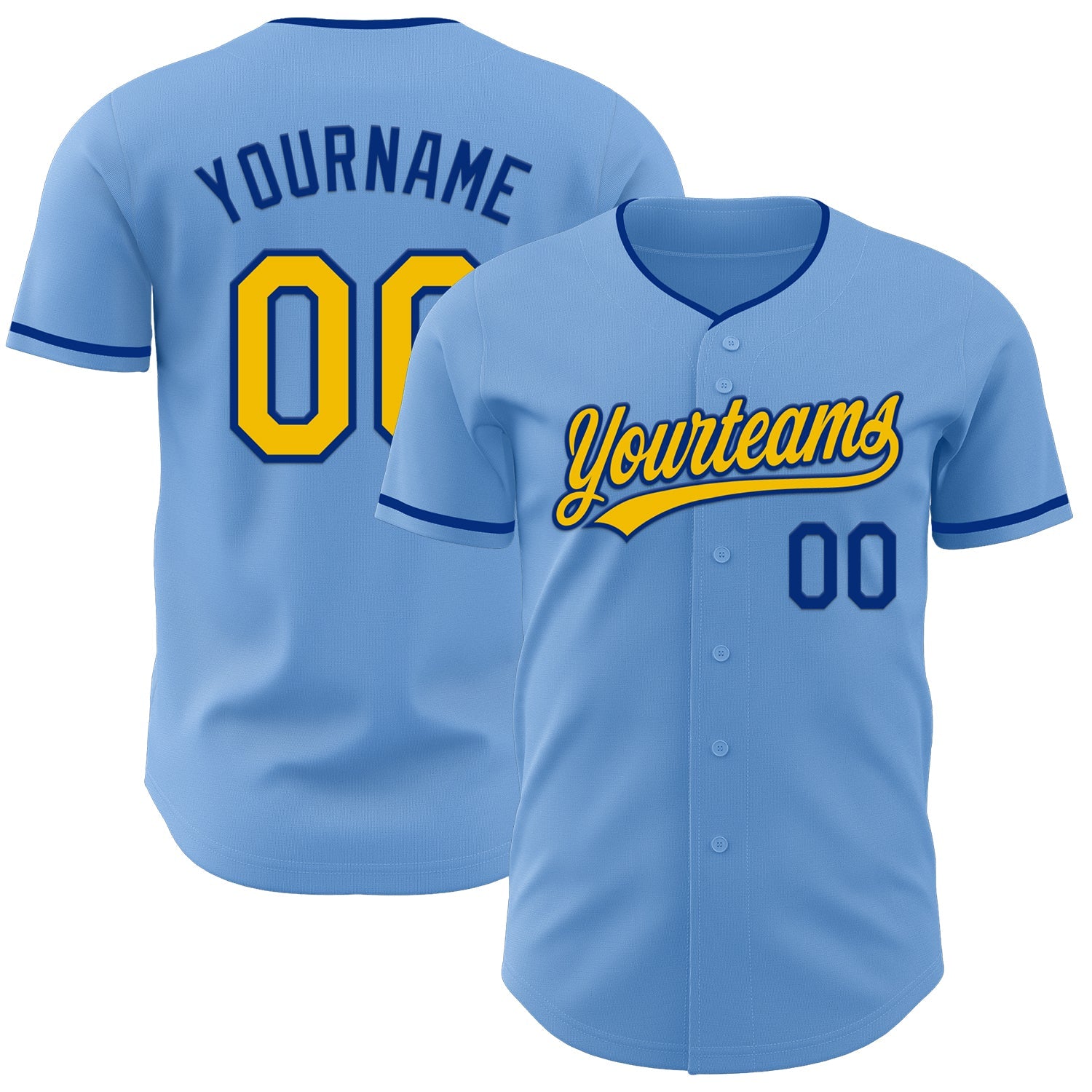 Custom Light Blue Yellow-Royal Authentic Baseball Jersey - Main View