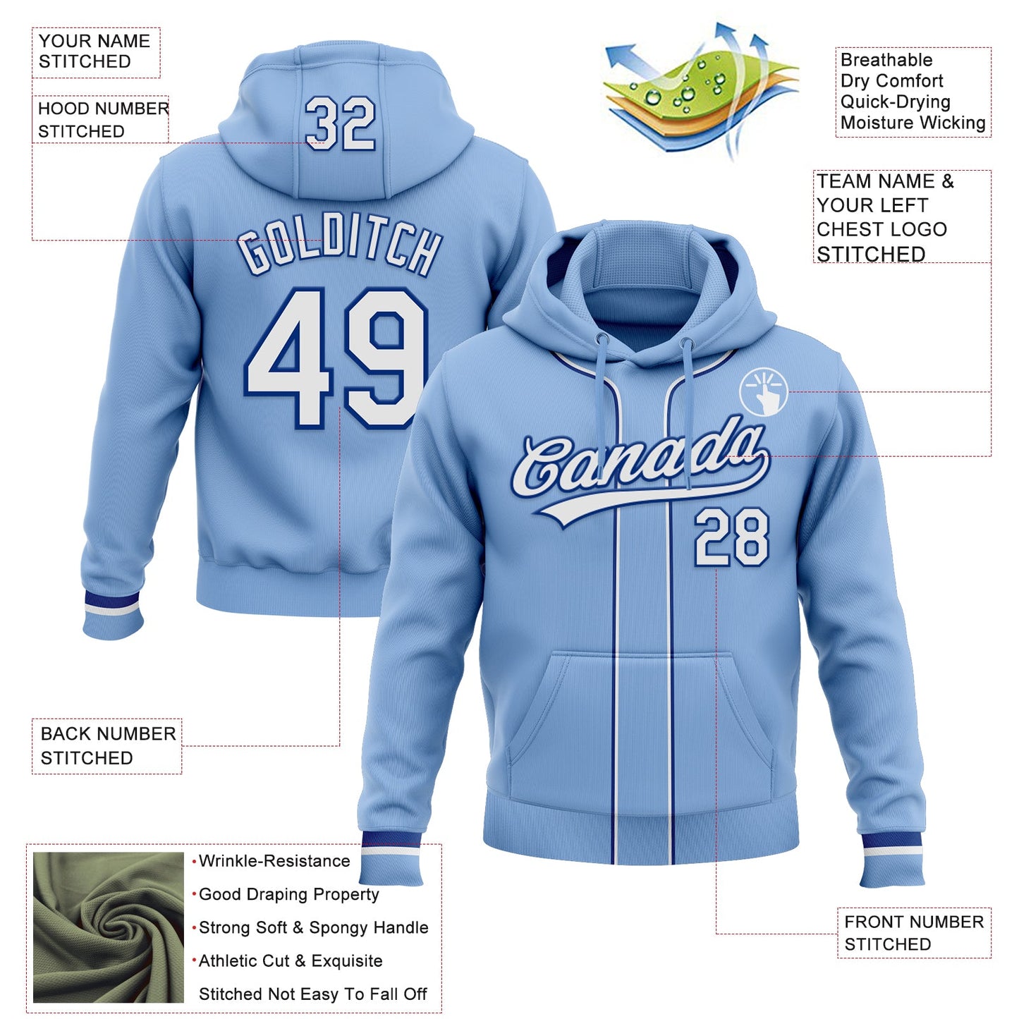 Custom Stitched Light Blue White-Royal Baseball Pullover Sweatshirt Hoodie view 2