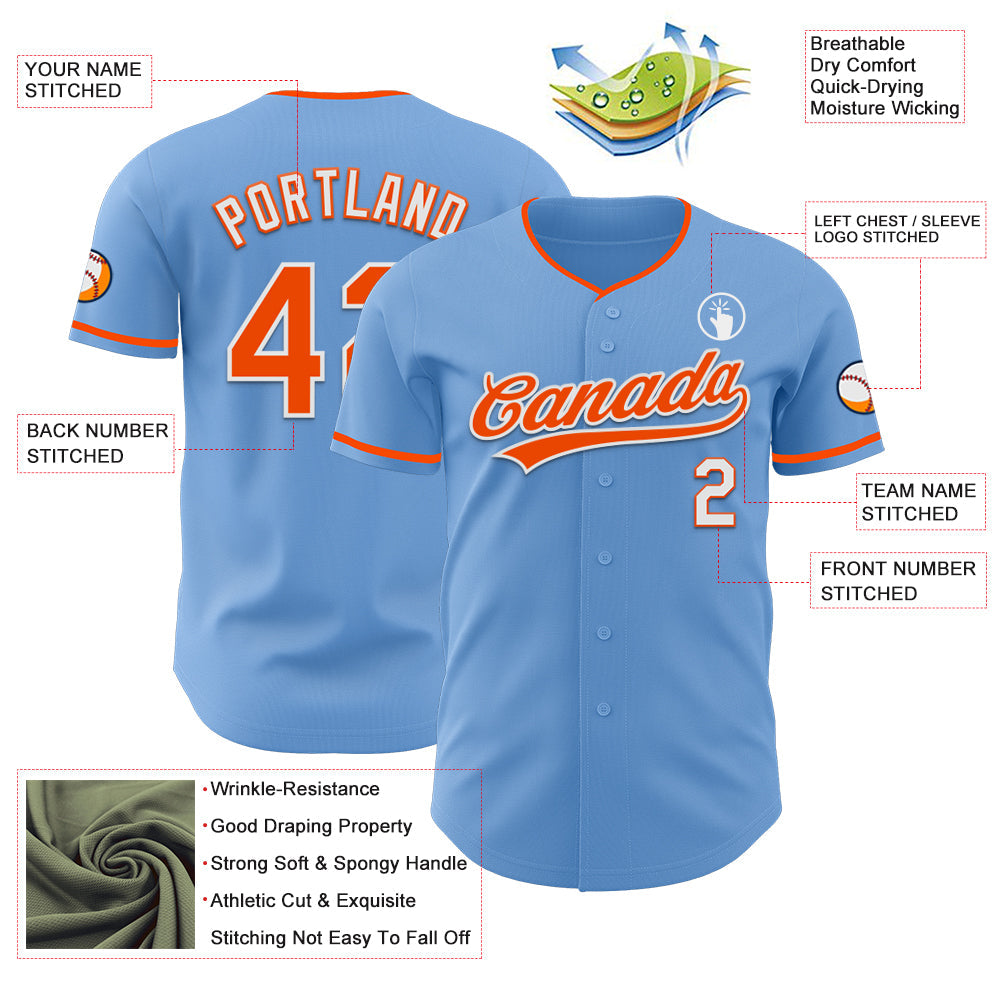Custom Light Blue Orange-White Authentic Baseball Jersey view 3